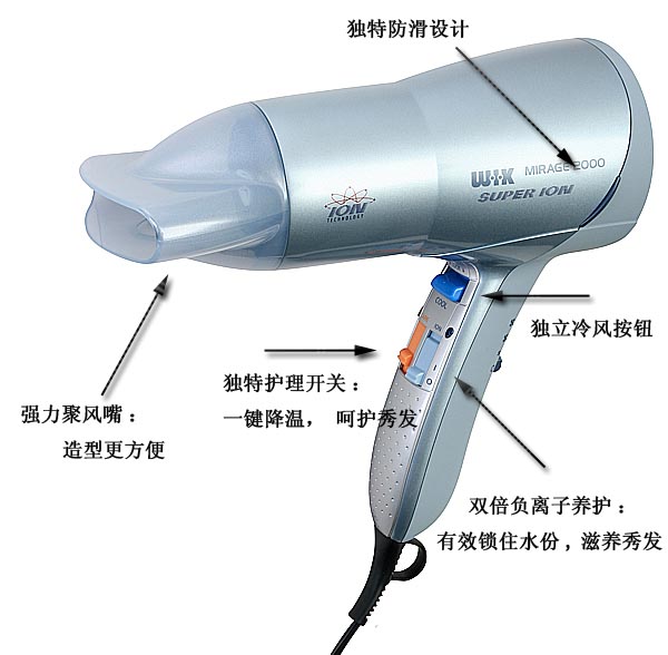 德国伟嘉(WIK) 大功率电吹风机 5558.20 cica(2000w、7倍超强负离子、4档双冷风、高浓度负离子、9种热力)